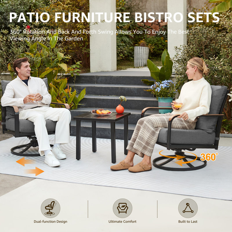 3-Piece Modern Outdoor Conversation Set with Swivel Rocking Chairs and Coffee Table, Featuring 6" Thick Cushions, No