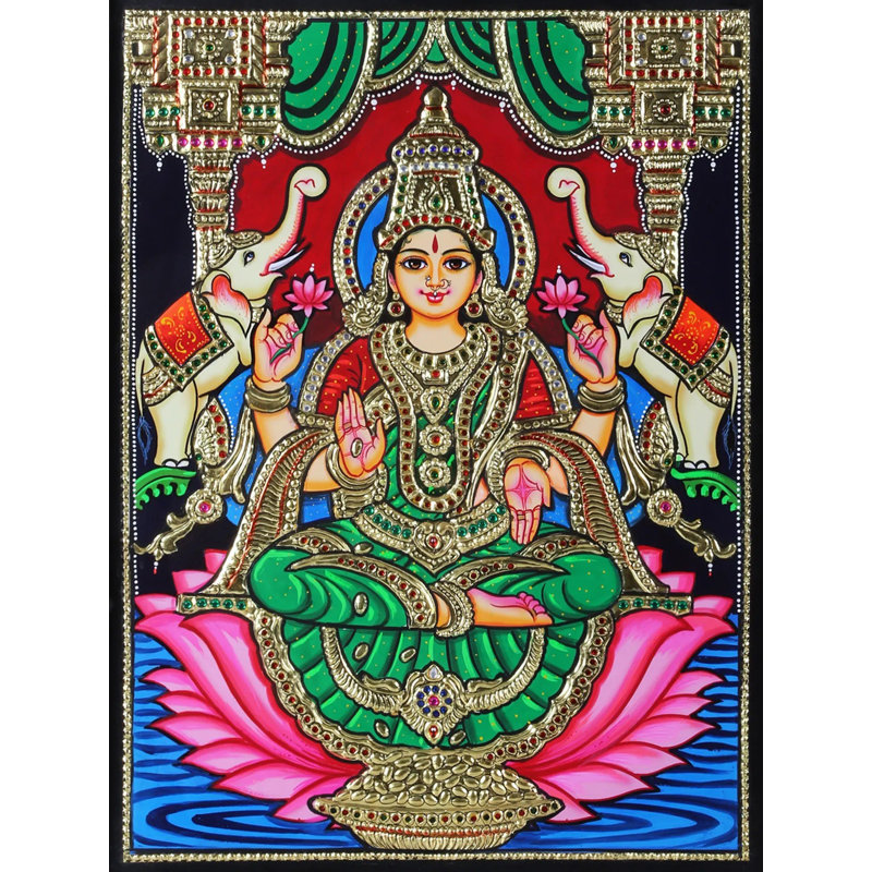 Peinture Devi Gajalakshmi Tanjore | Couleurs traditionnelles avec or 24 carats | Structure en bois de teck | Or et bois