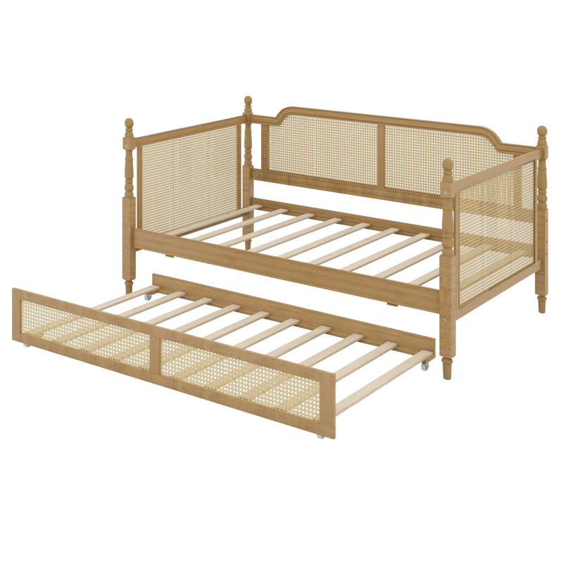 Lit de jour en rotin de style traditionnel avec lit gigogne, parfait pour les espaces restreints et les chambres d'amis