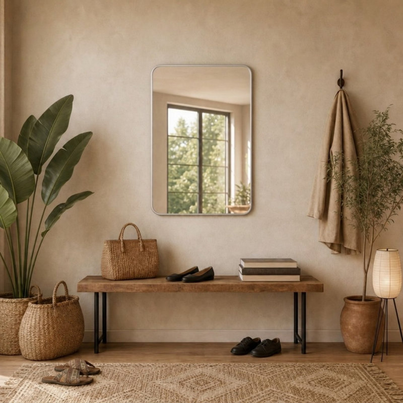 Miroir de salle de bain rectangulaire encadré en métal argenté 24 po x 36 po (W2203P156434), 36 po x 24 po, Argent