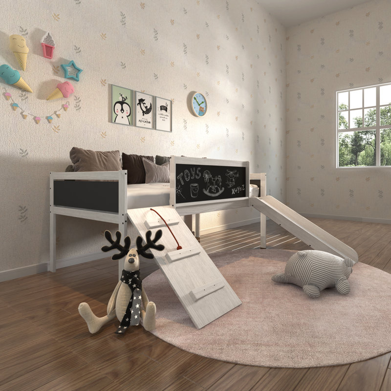 Twin Loft Bed with Storage Drawer and Playful Slide in White Wash Pine