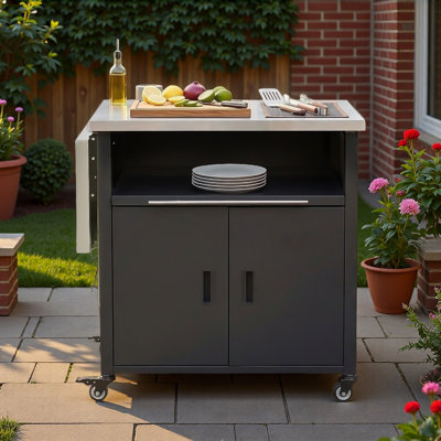 Chariot pour îlot de cuisine pour l'extérieur avec support à déchets, plateau pliable, panneau Lron extensible et espace de rangement