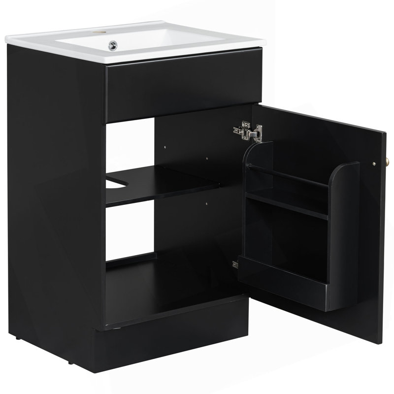 Meuble-lavabo de 20 po avec lavabo, meuble-lavabo avec tablette de porte et tablette réglable, Noir et or, 20"