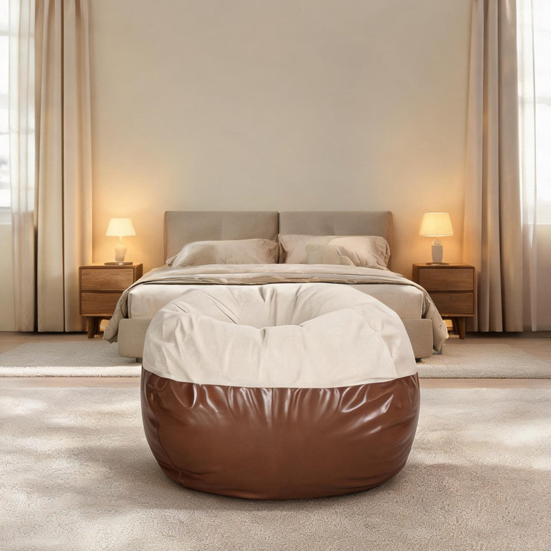 Rounded 5 Foot Bean Bag Chair with Faux Leather Accents, 2 Seat Comfort for Living Room Lounging