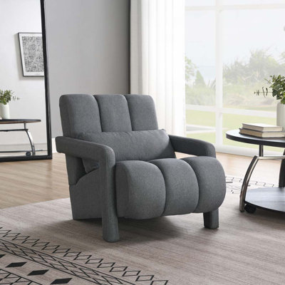 Chaise d'appoint rembourrée gris foncé avec coussin - Fauteuil moderne en tissu de lin pour le salon, la chambre à coucher