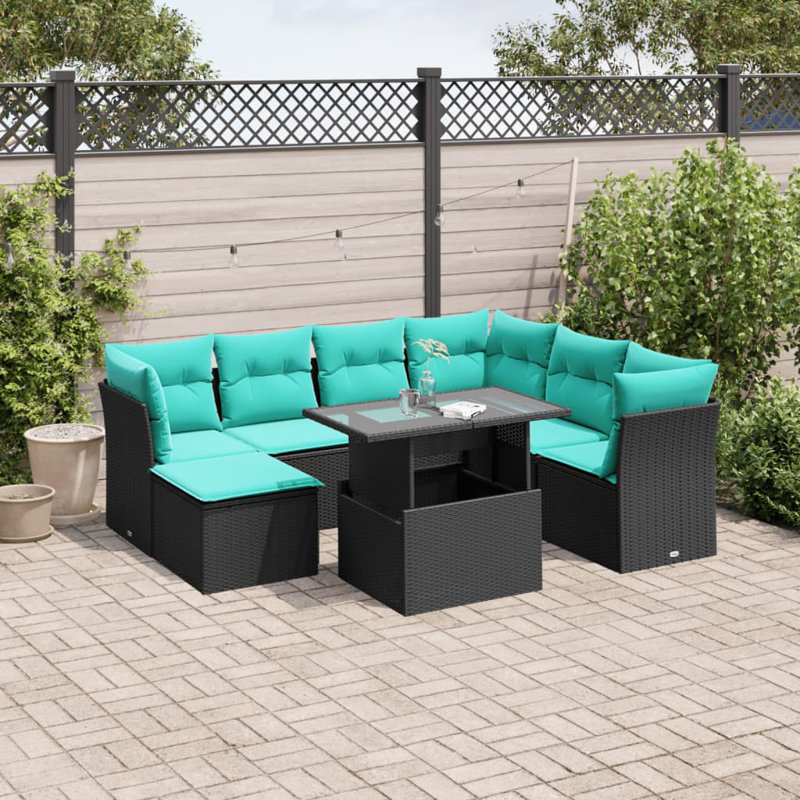  Ensemble de canapé de patio 8 pièces avec coussins en rotin de polyester brun, Bleu clair, Noir