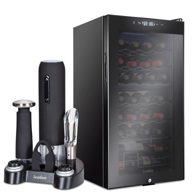 Ivation 16.9'' 28 Bottle Single Zone Freestanding Wine Refrigerator with 5-piece wine gift set | Fridge.com