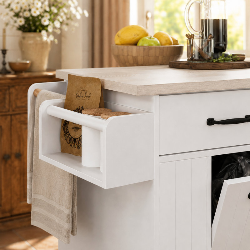 Îlot de cuisine à roulettes inclinable de 51 po avec battant inclinable Calviora, Blanc