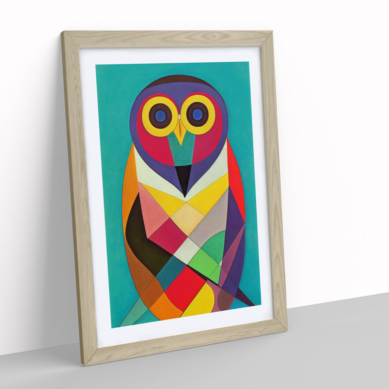 Colourful Abstract Owl No.5 - Single Picture Frame Print, 64cm H x 46cm W x 2cm D, Oak