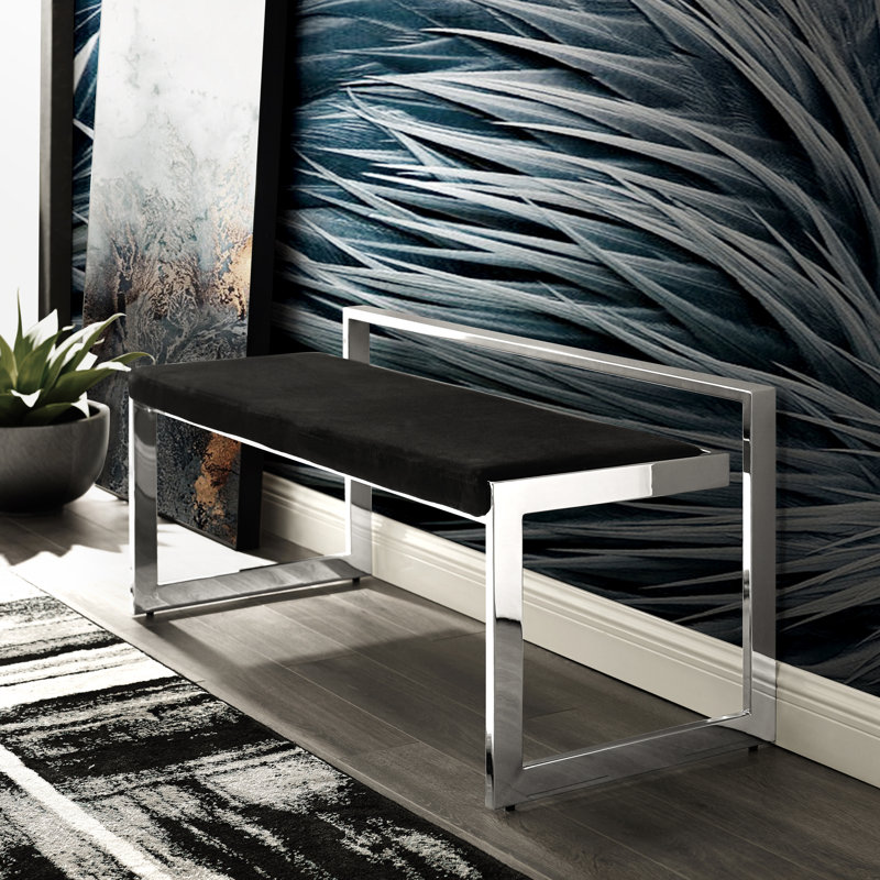 Tasica Upholstery Upholstered Bench, Black, Chrome