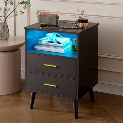 25.6''H Nightstand With Hidden Drawer, Bedside Table With Charging Station & Sensor Lights