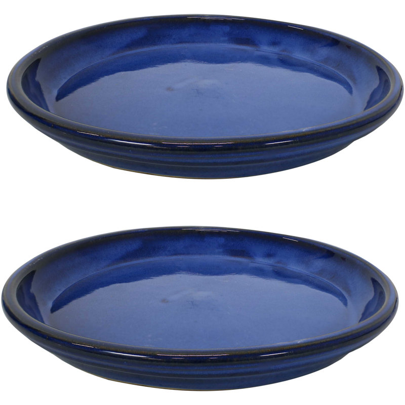 Ensemble de 2 pots à fleurs ronds en céramique émaillée ronds - convient aux jardinières de 12 po - Bleu, bleu