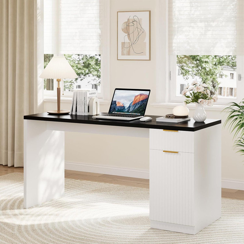 61" Executive Desk with Power Outlet – Drawer, Adjustable Shelf, Farmhouse Computer Desk for Home Office, Black/White
