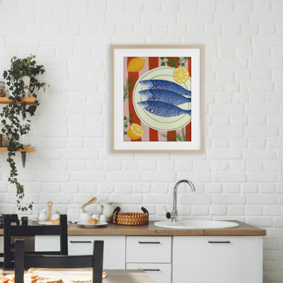 Fruits de mer et herbes sur rayures, reproduction sous verre, conception de Courtney Haley