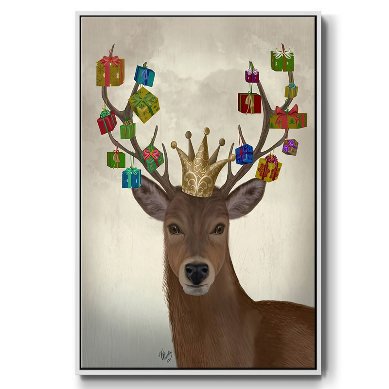 Cerf portant un cadeau de Noël, H 25 po x l 17 po x P 1,5 po, Blanc
