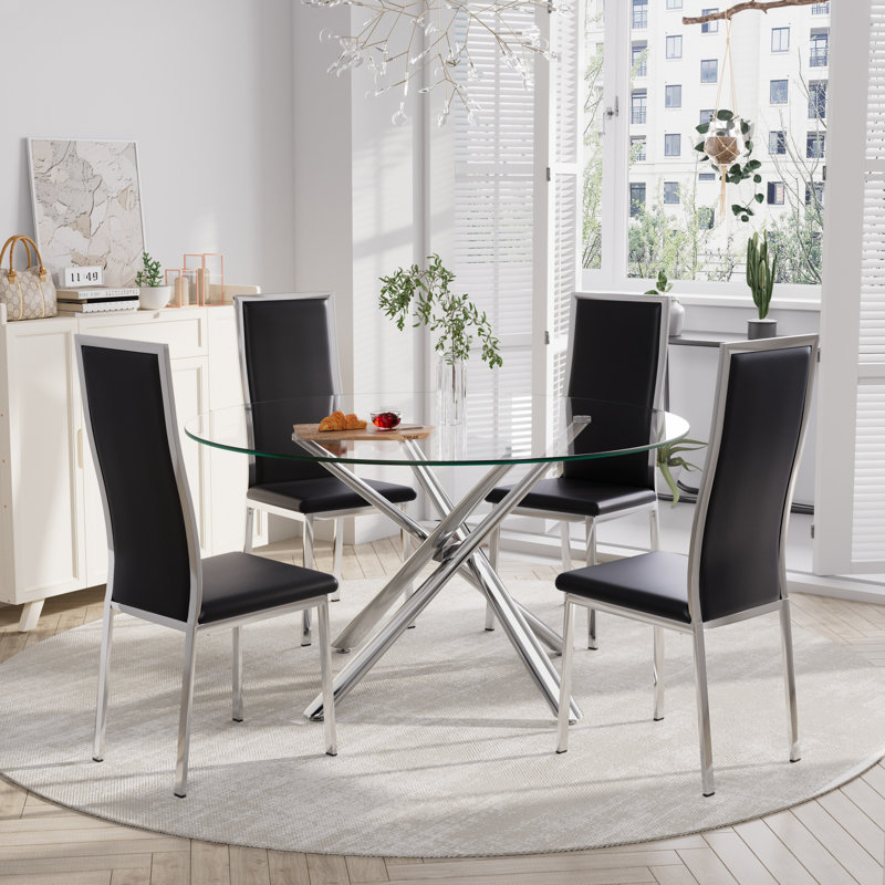 Ensemble de salle à manger à piédestal rond 4 pièces avec chaise à haut dossier, H 29,5 po x L 42 po x l 42 po, Noir, Doré