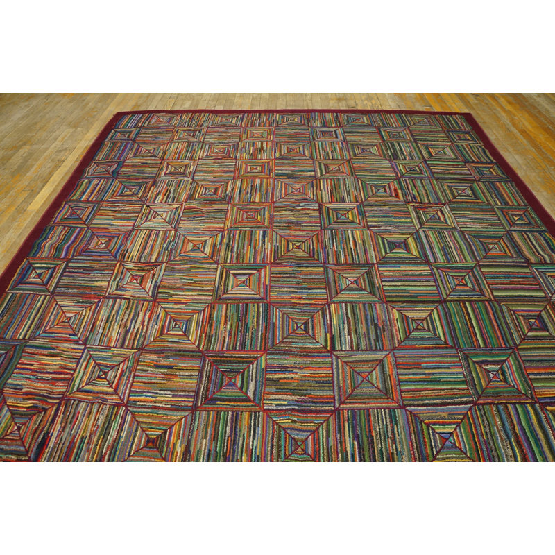 Colorful Geometric Log Cabin Squares Antique American Hooked Rug