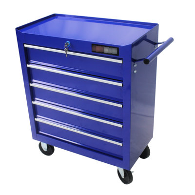5 Drawer Tool Box With Lock And 4 Wheeled Brackets, Blue For Garage Use Chest Rotating Wheels,