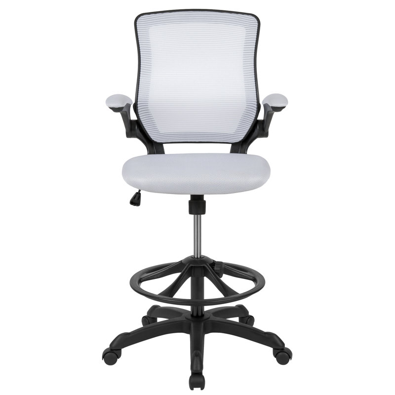 Mid-Back Mesh Ergonomic Drafting Chair with Adjustable Foot Ring and Flip-Up Arms, White