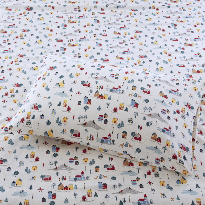 Drap simple en 3 pièces, imprimé blanc village, 100% flanelle de coton pour un toucher doux, plusieurs impressions disponibles, y compris les draps et les taies d'oreiller plats et ajustés, simple 12 po / double élastique