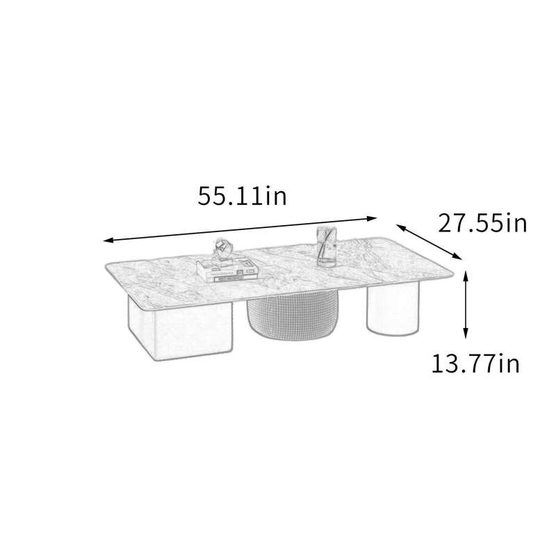 Modern Rectangle Slate Coffee Table with 2 Drawers, 13.77" H x 55.11" L x 27.55" W, Gray