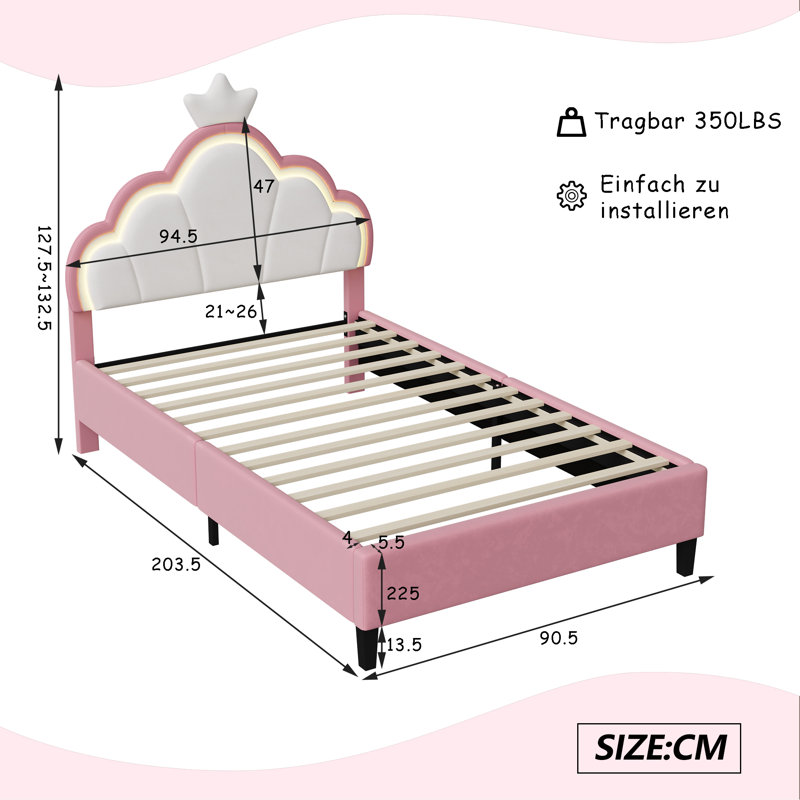 Acamas Pink Princess Bed with LED Lights, Velvet Upholstery, Crown Headboard, Adjustable Height & Solid Wood Slats