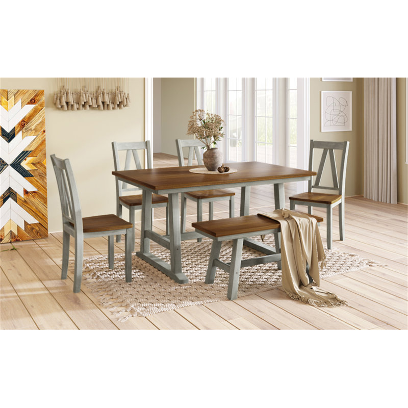 Ensemble de table de salle à manger en bois 6 pièces avec long banc et 4 chaises de salle à manger de style campagnard TopMAX