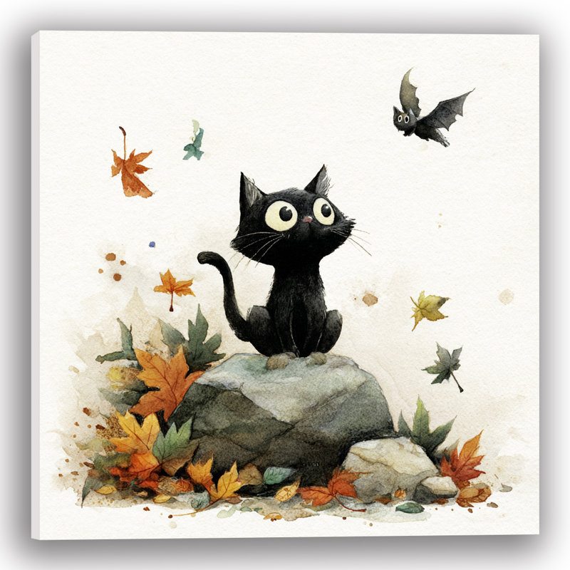Curious Black Cat and Autumn Bat - Art mural sur toile tendue, H 40 po x l 40 po, 2