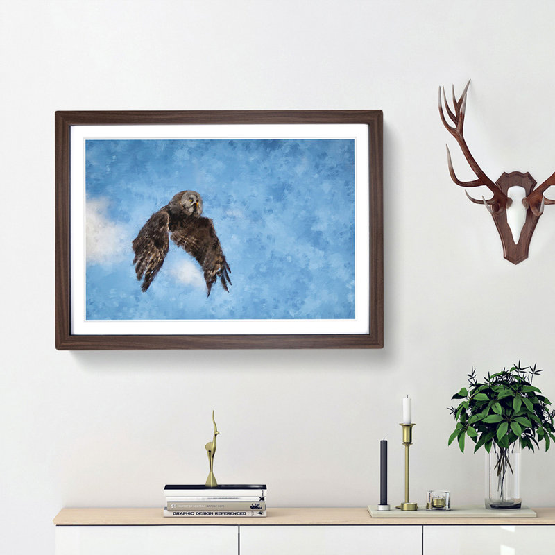 Flying Great Grey Owl - Picture Frame Graphic Art Print, Walnut Framed, 62cm H x 87cm W x 2cm D