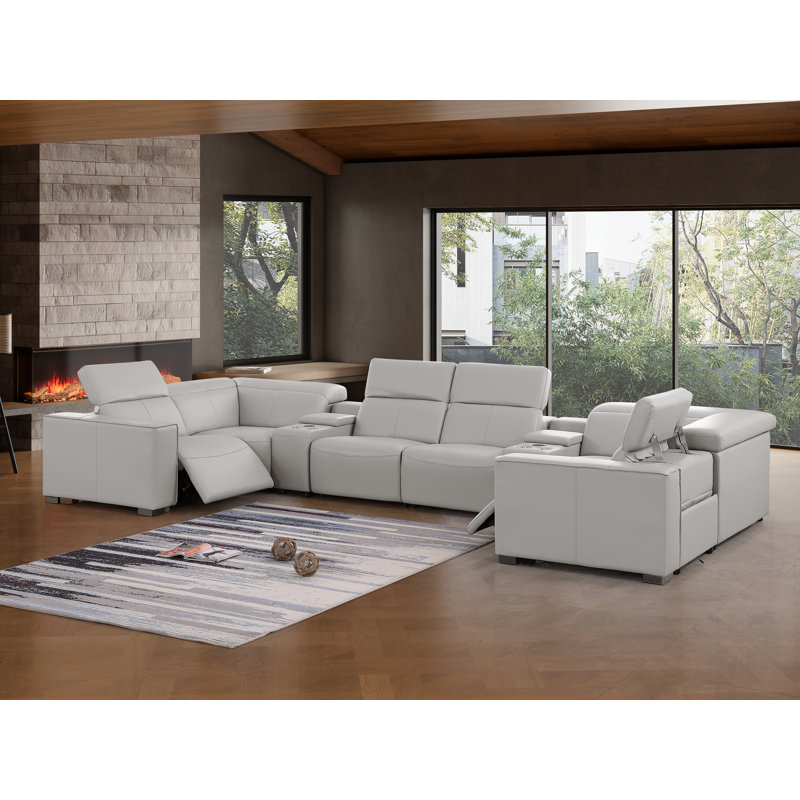 Luxueux canapé modulaire inclinable en cuir véritable 8 pièces avec appuis-tête électriques 8 pièces, Gris clair