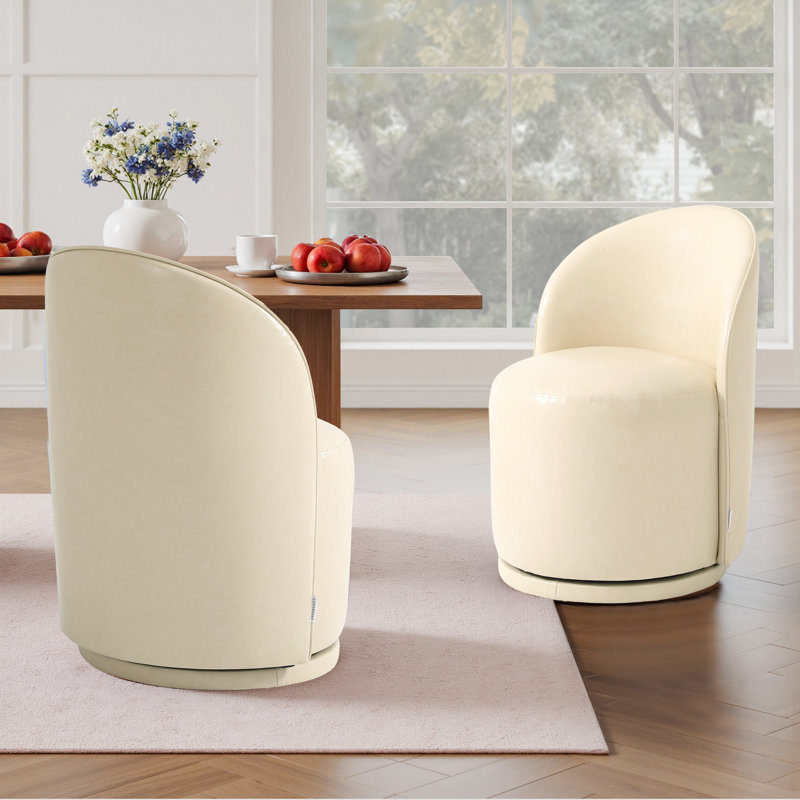 PU Leather Barrel Swivel Armless Dining Chair, Cream 