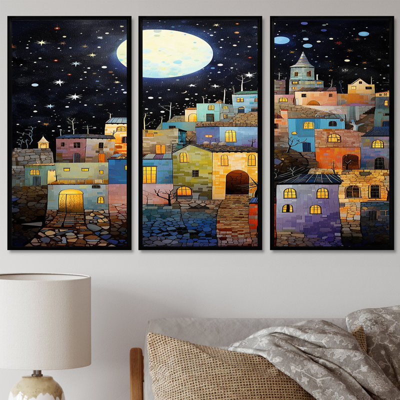Pleine lune au-dessus de Pittoresque, ensemble d'art mural de ville, Cadre flottant noir, H 28 po x l 36 po x P 1 po