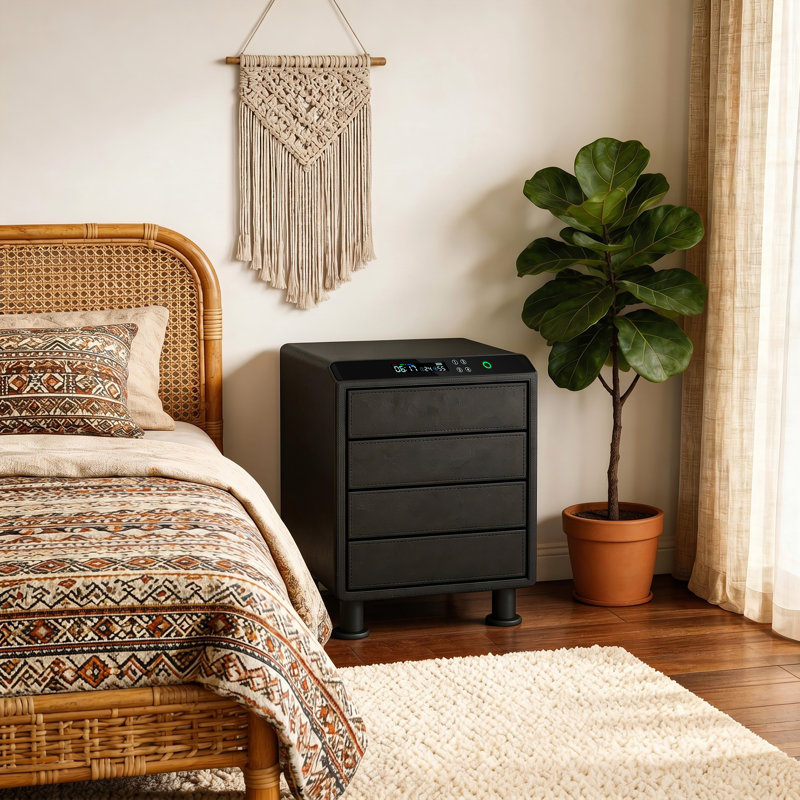 Luxury Leather Chest with Fingerprint & App Control, WiFi/Bluetooth Smart Biometric Security Box with LED, Temperature/Humidity Display for Bedroom, Closet & Office