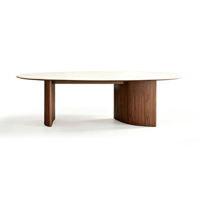 Beige-white+Nut-brown Oval Sintered Stone+Solid Wood Dining Table