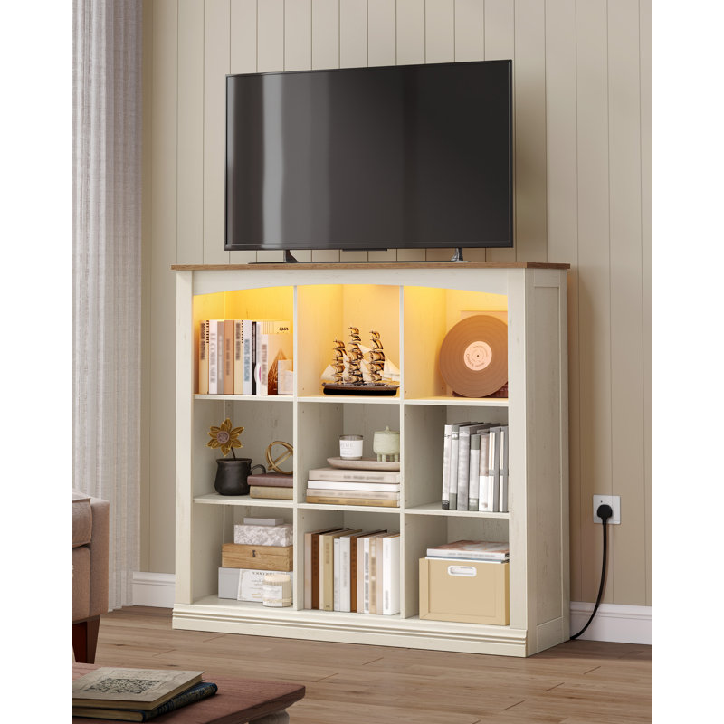 9 Cube Bookcase, Bookshelf with Led Lights, Charging and Open Storage Unit, Wide Wooden Book Shelf for Living Room, Home Office, Bedroom, Study, 30 x 110 x 105 cm 