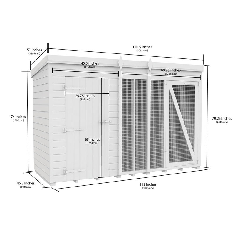 Dog Kennel and Run Full Height, 201cm H x 302cm W x 118cm D