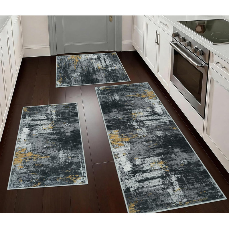 Modern 3 Pieces Kitchen Rug Runner,Non-SlipFloor Low Pile Kitchen Mat for Entrance Door Hallway,Black, Black