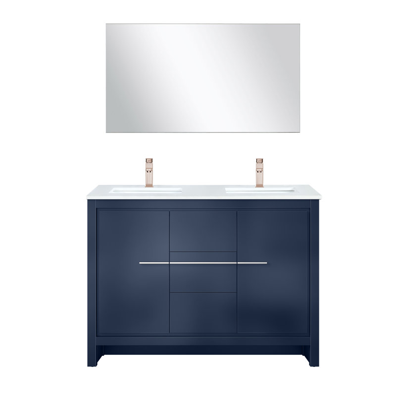 Lafarre 48 in W x 20 in D Double Bath Vanity Mirror & Faucet Set, White Cultured Marble, Navy Blue