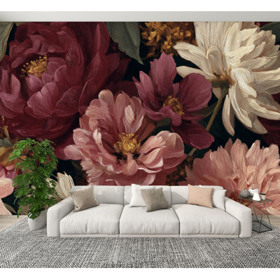 Vintage Peel and Stick Wallpaper Elegant Peony Artwork Subtle Golden Accents Shadows Wall Murals 100"H x 144"W Removable PVC Wall Paper Self-Adhesive Wall Decor for Bedroom Living Room Home Office