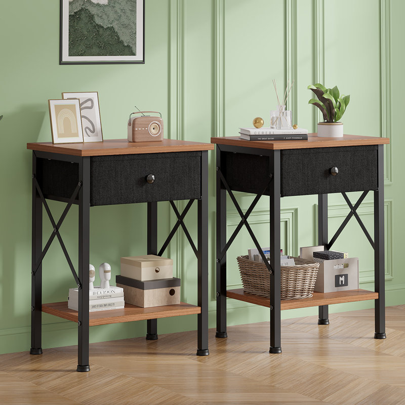 Set Of 2 Fabric Drawer Nightstand With Open Shelf, Small Bedside Table For Bedroom, Living Room Or Dorm, Black/Brown