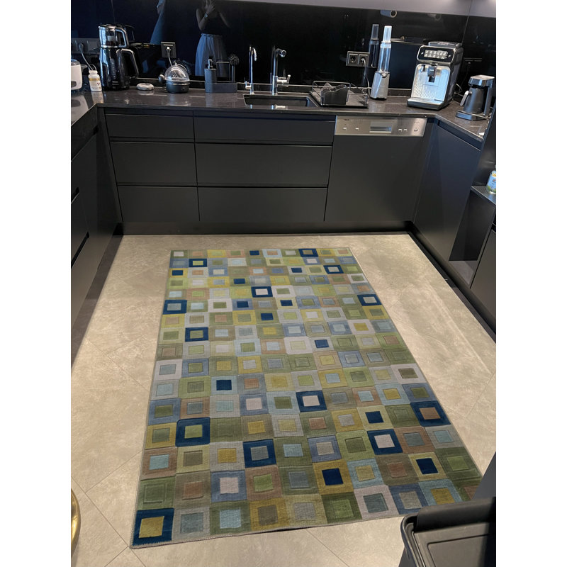 Tapis décoratif vert et bleu multicolore géométrique, Rectangle 4 pi 7,12 po x 6 pi 6,74 po