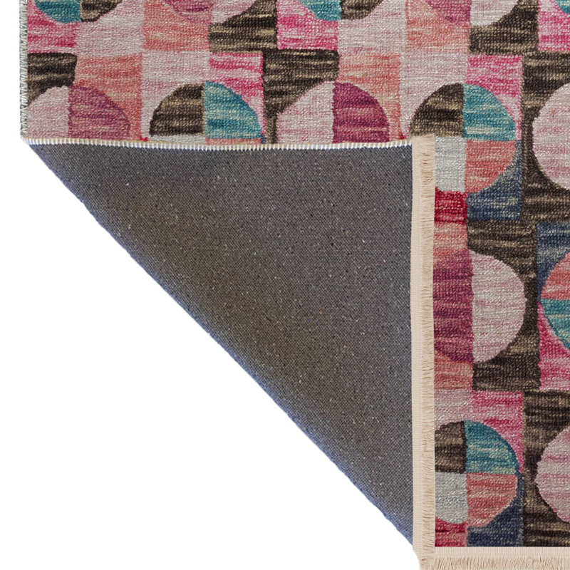 Pink-Themed Multi-Colored Geometric Patterned Fringed Vintage Decorative Rug, Rectangle 3'9.81" x 4'11.06"