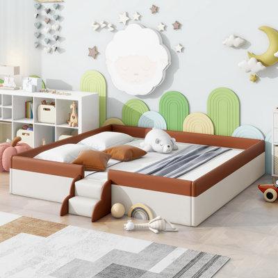 King Size Upholstered Daybed Frame With Fence And Stairs