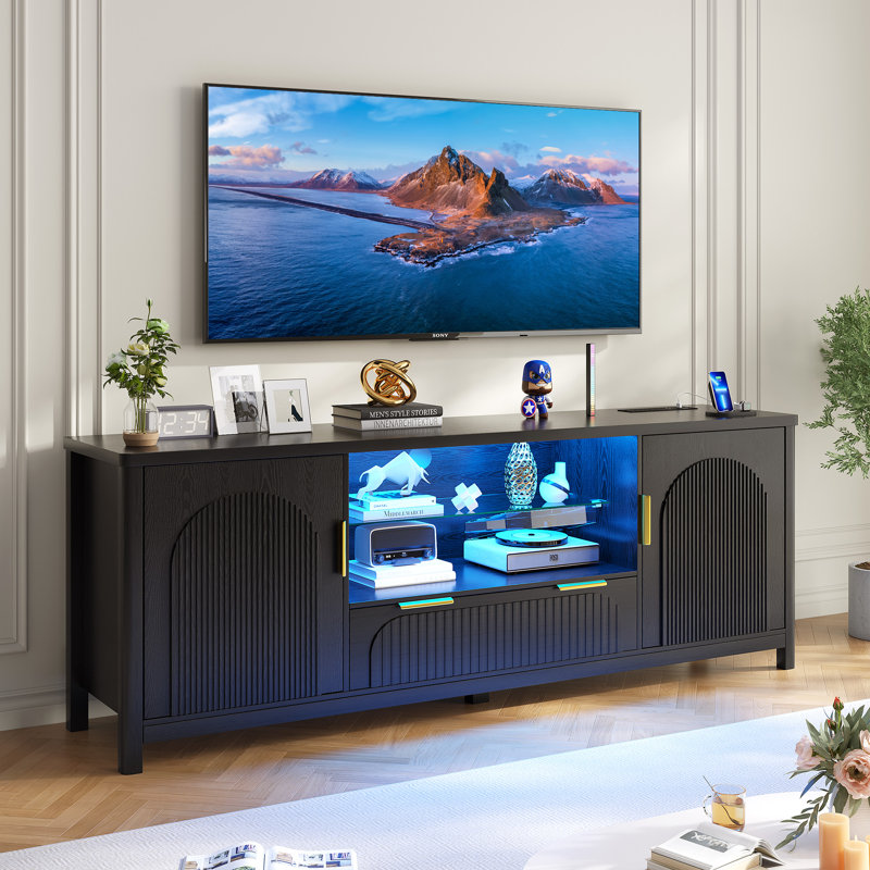63" W Tv Stand With Motion-Activated Light And Built-In Charging Station, Black