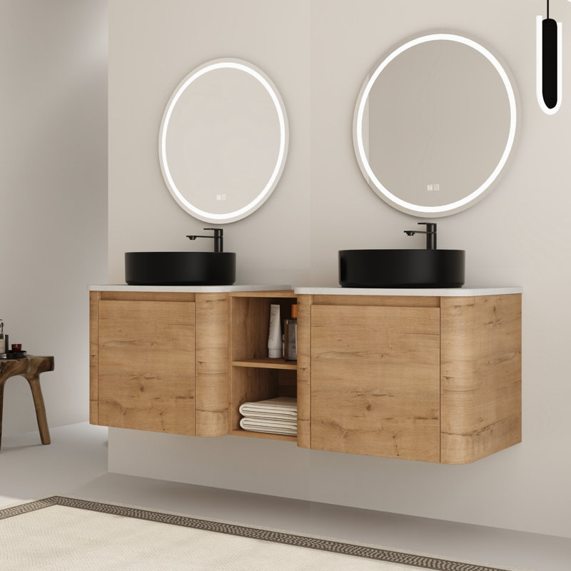 Ensemble de meuble-lavabo double 60 po avec plateau en pierre reconstituée Eaton, Noir, 60"