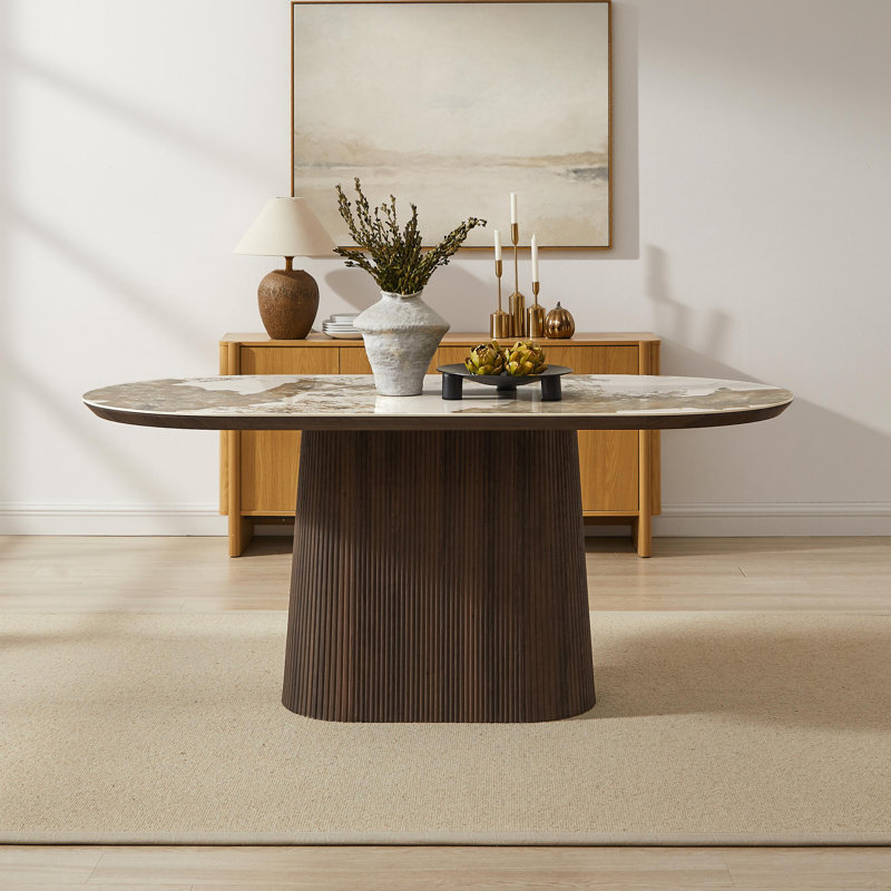 Table de salle à manger ovale Oppelo 70,87 po en pierre frittée aspect marbre avec piédestal