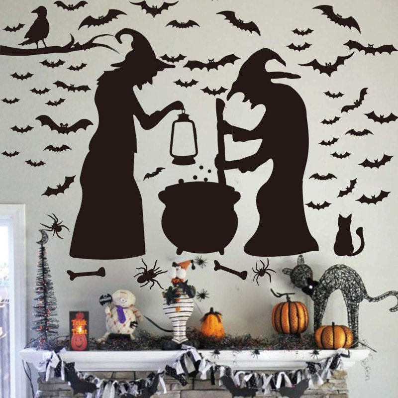 Décoration de fête d'Halloween, décoration murale, fenêtre, 2 sorcières avec chauves-souris, araignée, souris et corbeau