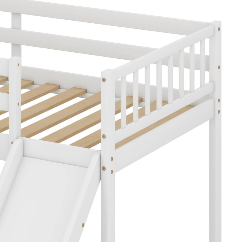 Solid Wood Twin Over Twin Low Bunk Bed With Slide And Storage Staircase, White