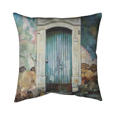 Blue door of an old building - 20"x20" Throw pillow cover - Poly twill - Print on demand