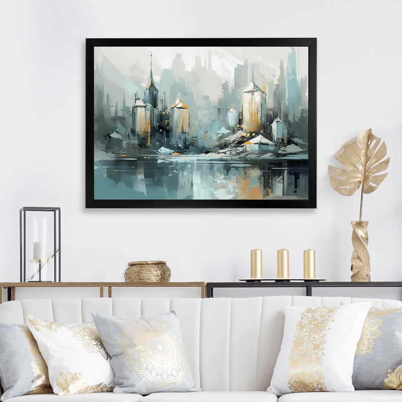 «Green and Yellow Modernist Cityscapes III», reproduction d'art sur toile, H 12 po x l 20 po x P 1 po, Cadre photo noir